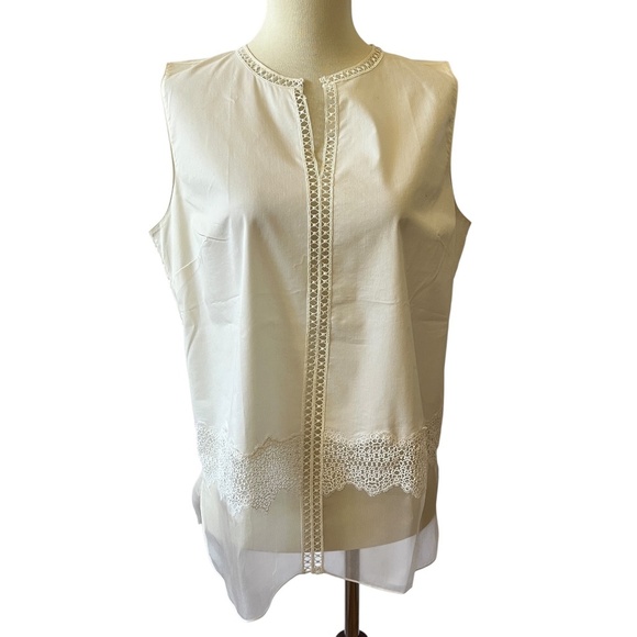 ELIE TAHARI BLOUSE S WHITE EMBROIDERY LACE SPLIT NECK SUMMER CHIC DRESSY - Picture 1 of 12